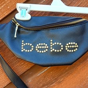 Like New Bebe Neutral Black Nylon Rhinestone Adjustable Zip Fanny Pack Belt Bag